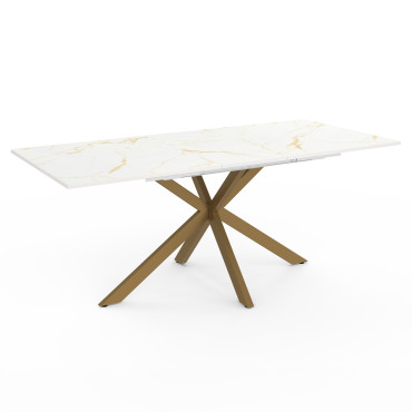 Table repas extensible Glam 160-200cm plateau effet marbre blanc et pieds croisés dorés