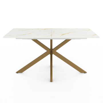 Table repas extensible Glam 160-200cm plateau effet marbre blanc et pieds croisés dorés