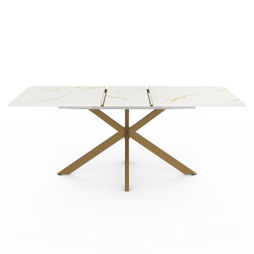 Table repas extensible Glam 160-200cm plateau effet marbre blanc et pieds croisés dorés