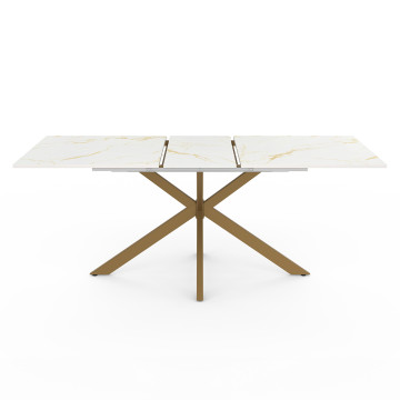 Table repas extensible Glam 160-200cm plateau effet marbre blanc et pieds croisés dorés