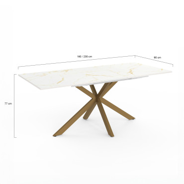 Table repas extensible Glam 160-200cm plateau effet marbre blanc et pieds croisés dorés