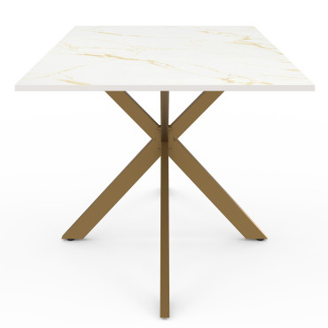 Table repas extensible Glam 160-200cm plateau effet marbre blanc et pieds croisés dorés