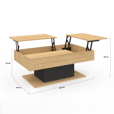 Table basse Tania avec double plateau relevable bois et pieds noir