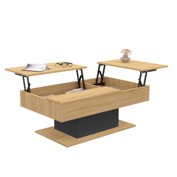 Table basse Tania avec double plateau relevable bois et pieds noir