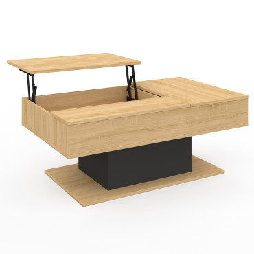 Table basse Tania avec double plateau relevable bois et pieds noir