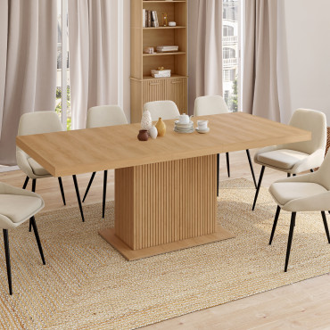 Table repas extensible Albane 160-200cm bois pieds effet tasseaux avec rangement intégré