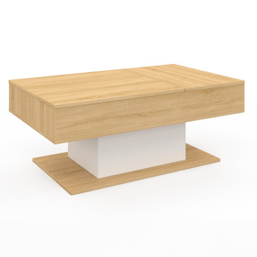 Table basse Tania avec double plateau relevable bois et pieds blanc