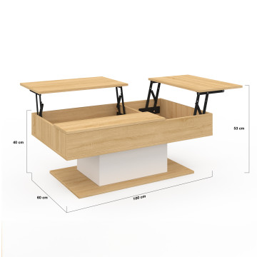 Table basse Tania avec double plateau relevable bois et pieds blanc