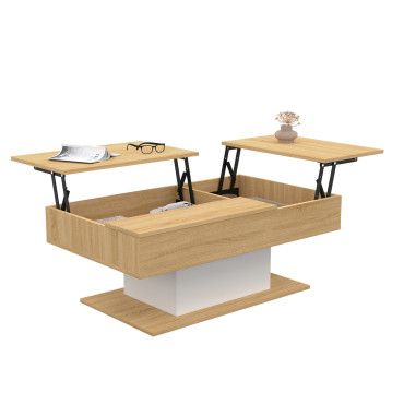 Table basse Tania avec double plateau relevable bois et pieds blanc