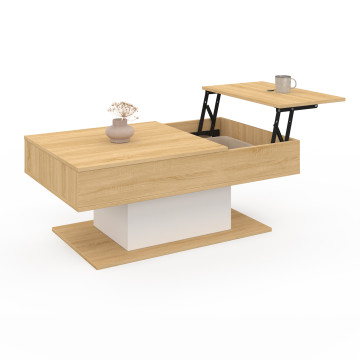 Table basse Tania avec double plateau relevable bois et pieds blanc