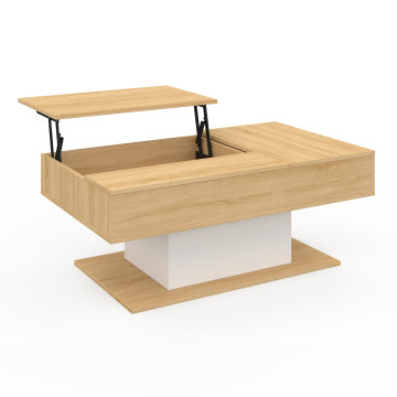 Table basse Tania avec double plateau relevable bois et pieds blanc