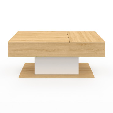 Table basse Tania avec double plateau relevable bois et pieds blanc