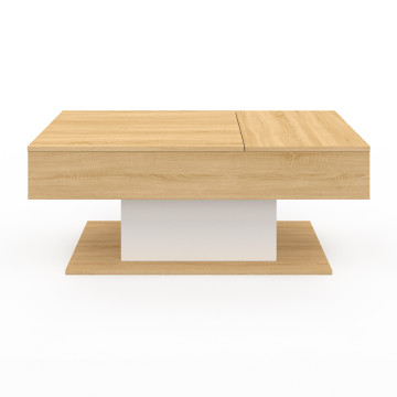 Table basse Tania avec double plateau relevable bois et pieds blanc