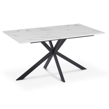 Table repas Glam 160cm plateau effet marbre blanc et pieds croisés noirs