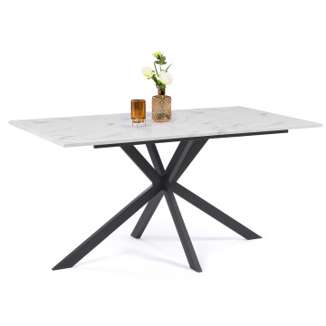 Table repas Glam 160cm plateau effet marbre blanc et pieds croisés noirs