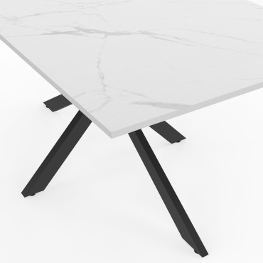 Table repas Glam 160cm plateau effet marbre blanc et pieds croisés noirs