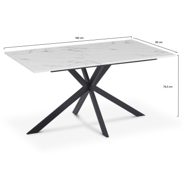 Table repas Glam 160cm plateau effet marbre blanc et pieds croisés noirs