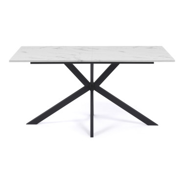 Table repas Glam 160cm plateau effet marbre blanc et pieds croisés noirs