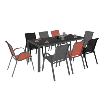 Ensemble repas Minorca 8 places en textilène et verre trempé gris, noir et terracotta