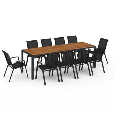 Ensemble repas Timbia 10 places noir et verre trempé effet bois