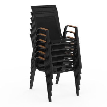 Ensemble repas Timbia 10 places noir et verre trempé effet bois