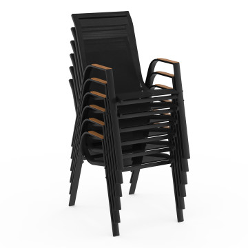 Ensemble repas Timbia 10 places noir et verre trempé effet bois