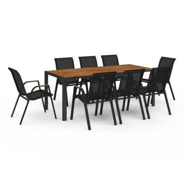 Ensemble repas Timbia 8 places noir et verre trempé effet bois