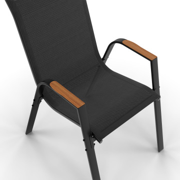 Ensemble repas Timbia 8 places noir et verre trempé effet bois