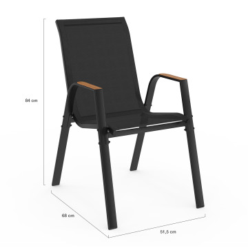Ensemble repas Timbia 8 places noir et verre trempé effet bois
