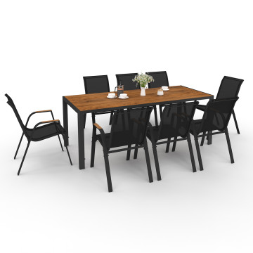 Ensemble repas Timbia 8 places noir et verre trempé effet bois