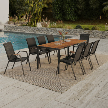 Ensemble repas Timbia 8 places noir et verre trempé effet bois