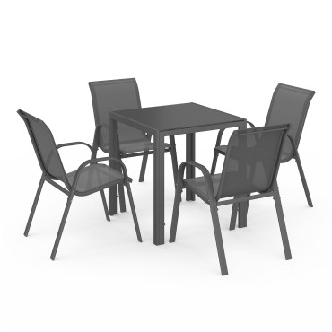 Ensemble repas Minorca 4 places en textilène et verre trempé gris anthracite
