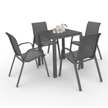 Ensemble repas Minorca 4 places en textilène et verre trempé gris anthracite