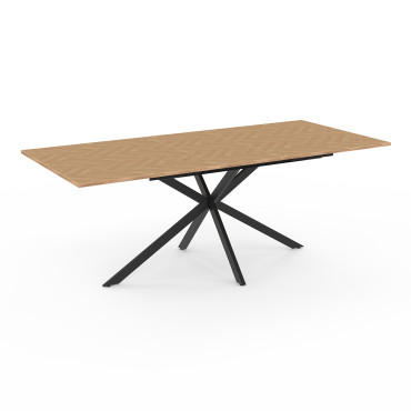 Table repas Spider plateau extensible 160-200cm effet chevron et pieds croisés noirs