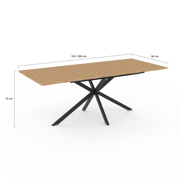 Table repas Spider plateau extensible 160-200cm effet chevron et pieds croisés noirs