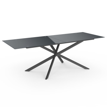 Table de jardin plateau en verre trempé noir et pieds croisés 240cm