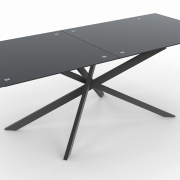 Table de jardin plateau en verre trempé noir et pieds croisés 240cm