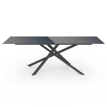 Table de jardin plateau en verre trempé noir et pieds croisés 240cm