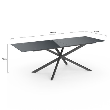 Table de jardin plateau en verre trempé noir et pieds croisés 240cm
