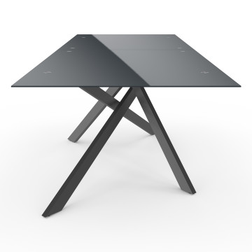 Table de jardin plateau en verre trempé noir et pieds croisés 240cm