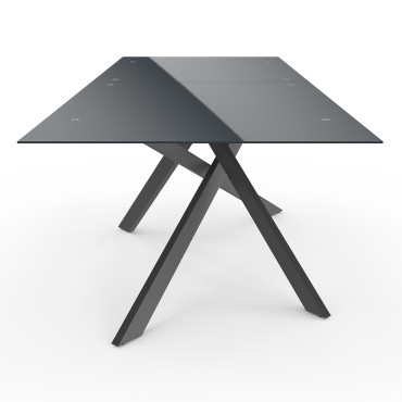 Table de jardin plateau en verre trempé noir et pieds croisés 240cm