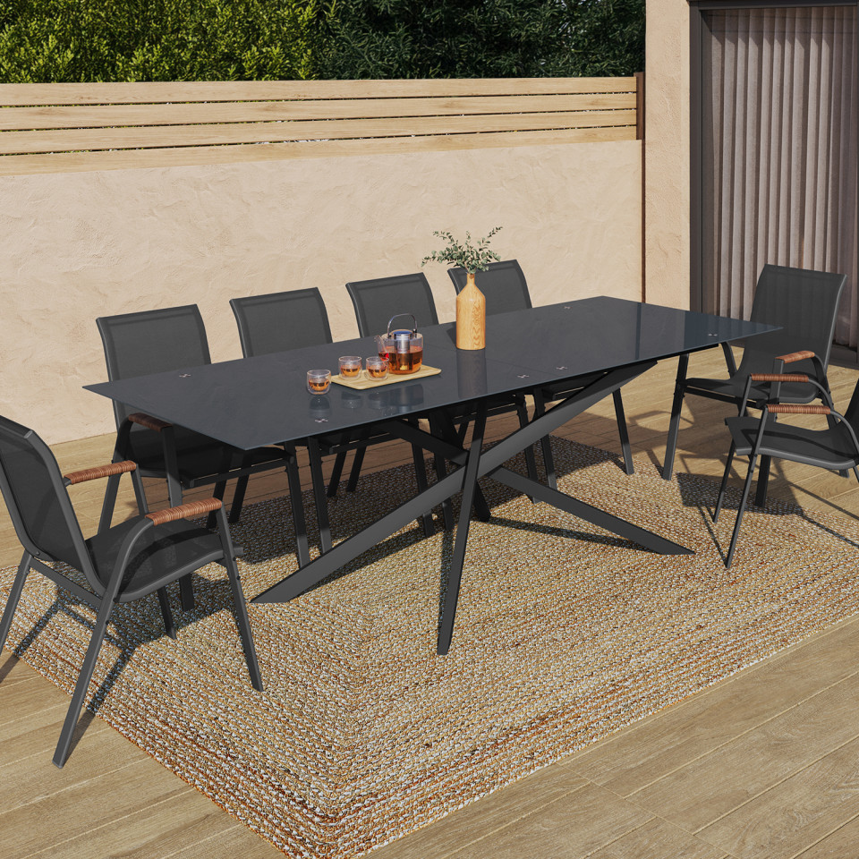 Table de jardin plateau en verre trempé noir et pieds croisés 240cm Table de jardin plateau en verre trempé noir et pieds croisés 240cm