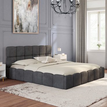 Lit coffre Bubble en velours gris avec sommier et tête de lit 160x200cm