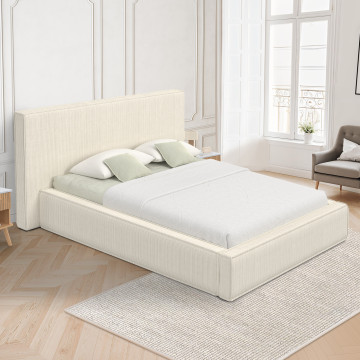 Lit coffre Joyce en velours côtelé beige avec sommier et tête de lit 160x200m