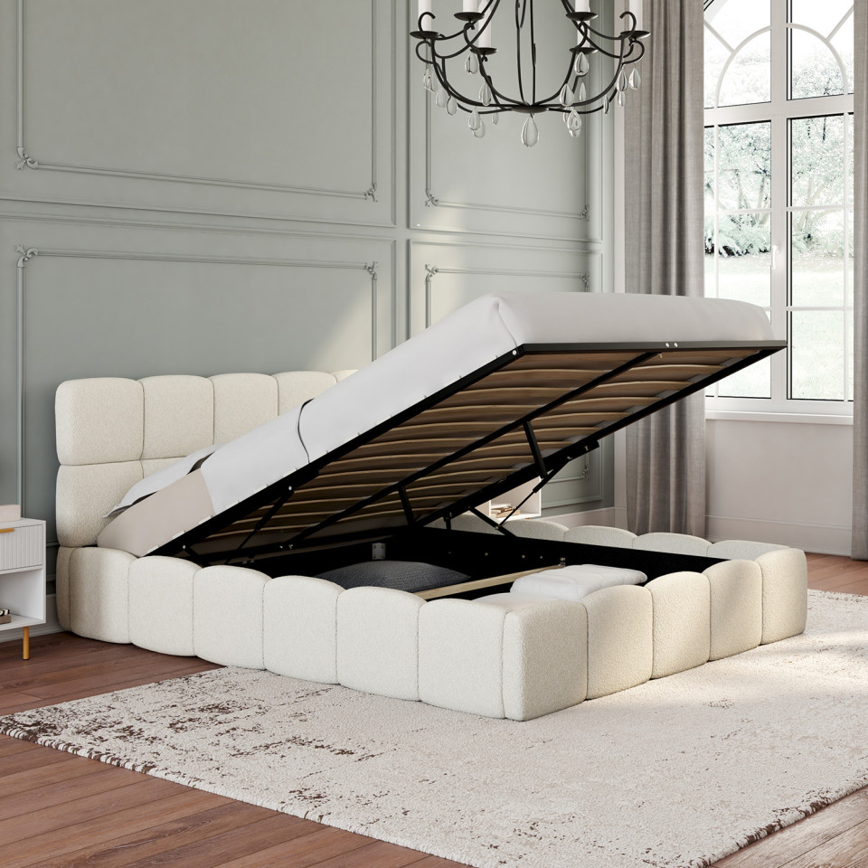 Lit coffre Bubble en tissu bouclette avec sommier et tête de lit 140x190cm Lit coffre Bubble en tissu bouclette avec sommier et tête de lit 140x190cm