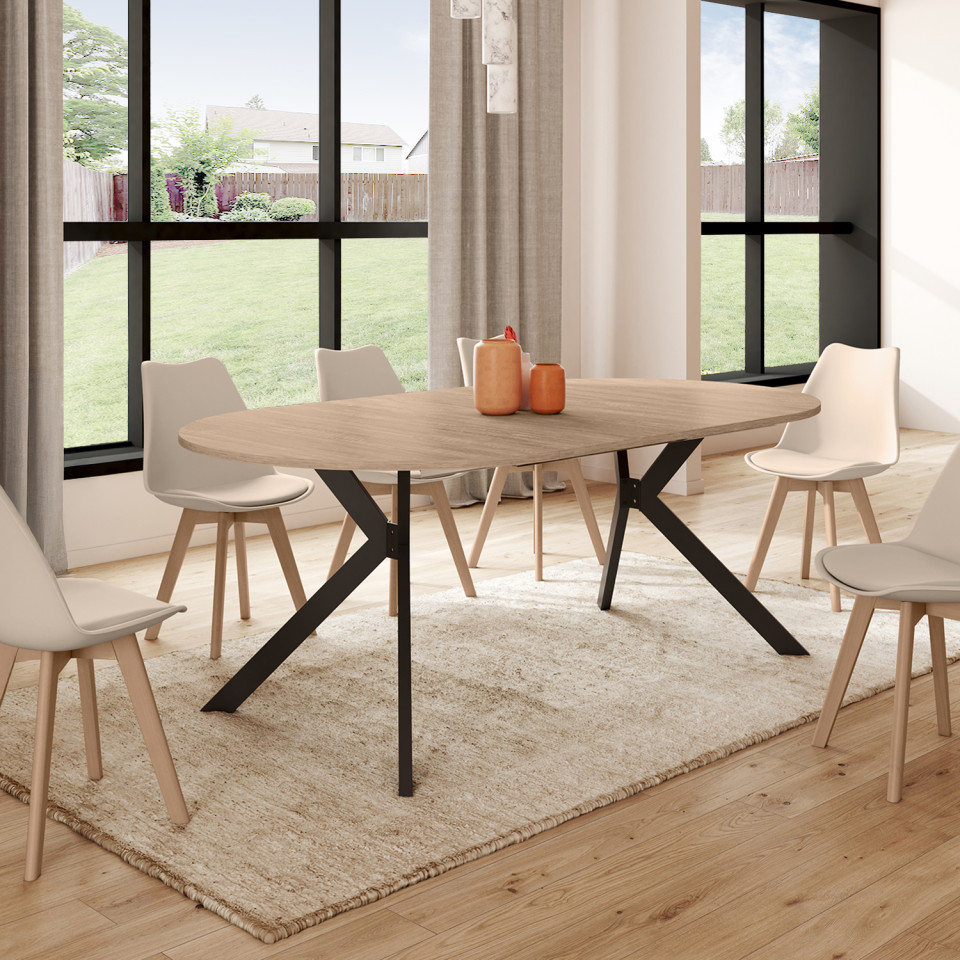 Table repas Spider plateau extensible 110-200cm rond bois et pieds croisés noirs