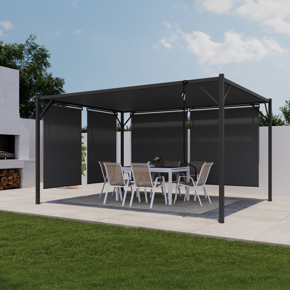 Pergola Venice toit lames orientables et 4 stores gris 3x4m Pergola Venice toit lames orientables et 4 stores gris 3x4m