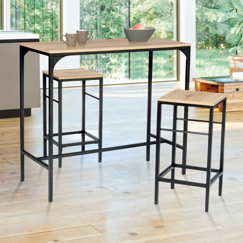 Table haute repas Memphis 95cm + 2 tabourets Table haute repas Memphis 95cm + 2 tabourets