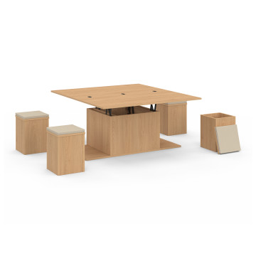 Table basse Tania 2 en 1 avec plateau dépliant et 4 assises