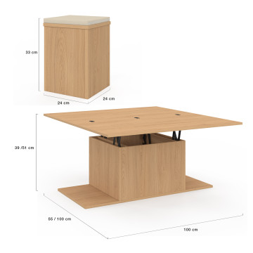 Table basse Tania 2 en 1 avec plateau dépliant et 4 assises